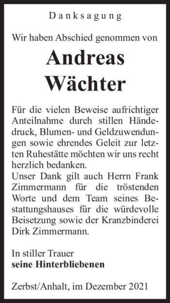 Traueranzeige von Andreas Wächter  von Magdeburger Volksstimme
