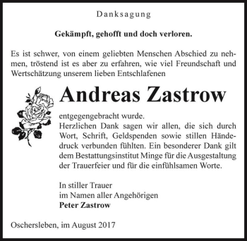 Traueranzeige von Andreas Zastrow  von Magdeburger Volksstimme
