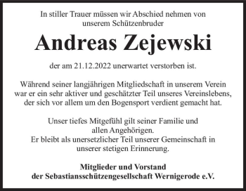 Traueranzeige von Andreas Zejewski  von Magdeburger Volksstimme