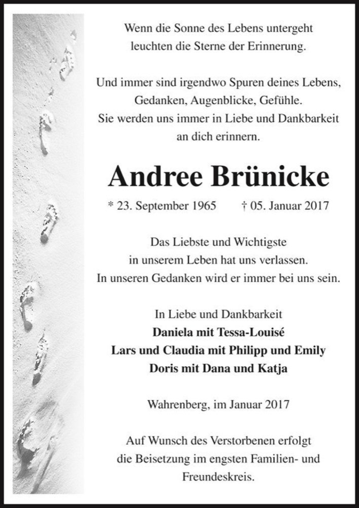  Traueranzeige für Andree Brünicke  vom 10.01.2017 aus Magdeburger Volksstimme