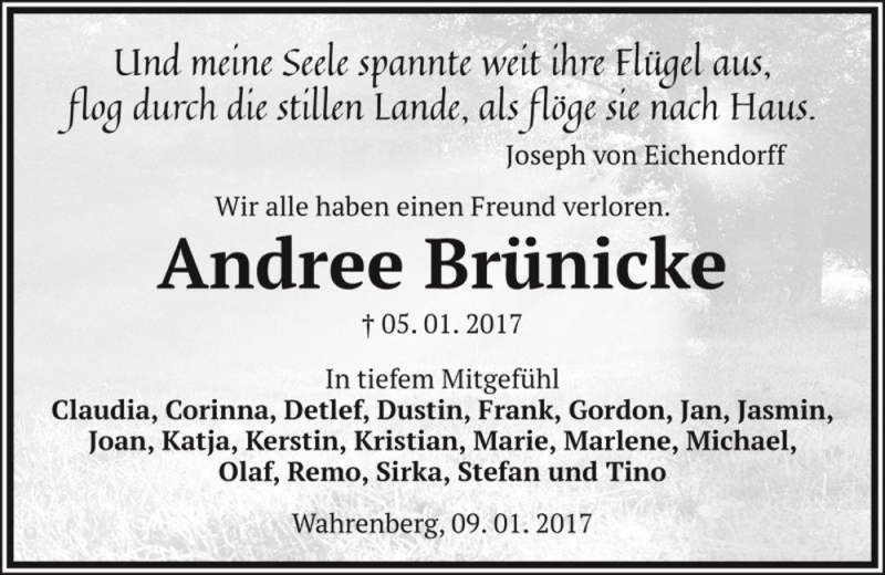  Traueranzeige für Andree Brünicke  vom 14.01.2017 aus Magdeburger Volksstimme