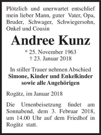 Traueranzeige von Andree Kunz  von Magdeburger Volksstimme