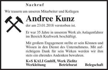 Traueranzeige von Andree Kunz  von Magdeburger Volksstimme