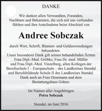 Traueranzeige von Andree Sobczak  von Magdeburger Volksstimme