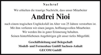 Traueranzeige von Andrei Nioi  von Magdeburger Volksstimme