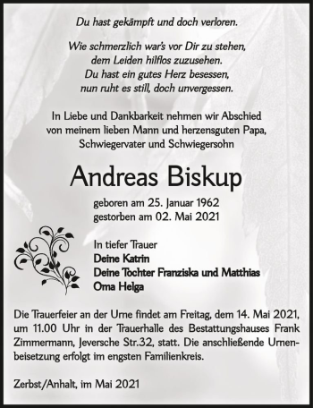 Traueranzeige von Andres Biskup  von Magdeburger Volksstimme