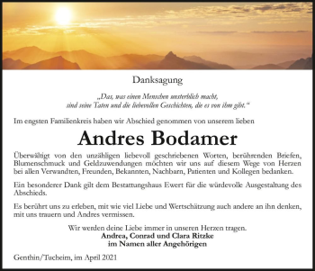 Traueranzeige von Andres Bodamer  von Magdeburger Volksstimme