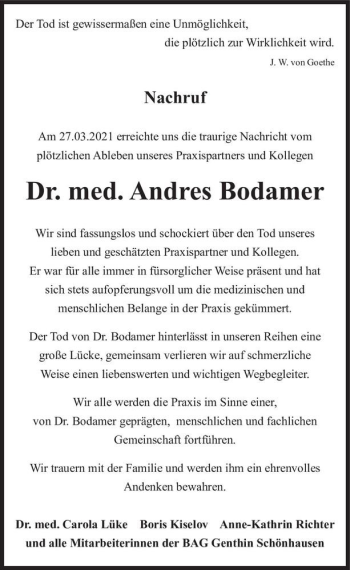 Traueranzeige von Andres Bodamer  von Magdeburger Volksstimme