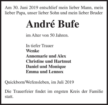 Traueranzeige von Andrè Bufe  von Magdeburger Volksstimme