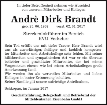 Traueranzeige von Andrè Dirk Brandt  von Magdeburger Volksstimme