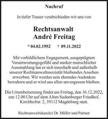 Traueranzeige von Andrè Freitag  von Magdeburger Volksstimme
