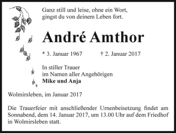 Traueranzeige von André Amthor  von Magdeburger Volksstimme