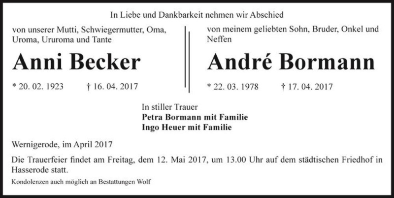  Traueranzeige für André Bormann  vom 21.04.2017 aus Magdeburger Volksstimme