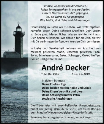 Traueranzeige von André Decker  von Magdeburger Volksstimme