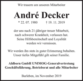 Traueranzeige von André Decker  von Magdeburger Volksstimme