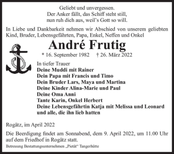 Traueranzeige von André Frutig  von Magdeburger Volksstimme