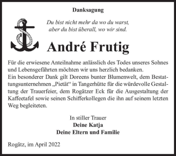 Traueranzeige von André Frutig  von Magdeburger Volksstimme