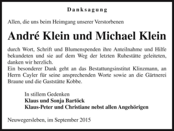 Traueranzeige von André Klein und Michael Klein  von Magdeburger Volksstimme