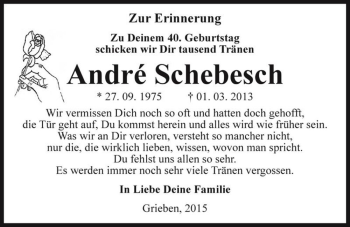 Traueranzeige von André Schebesch  von Magdeburger Volksstimme