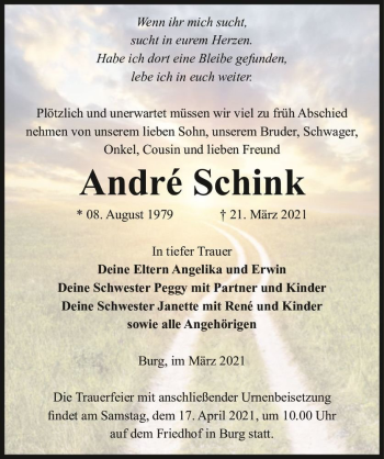 Traueranzeige von André Schink  von Magdeburger Volksstimme