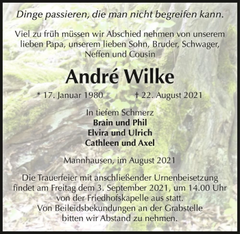 Traueranzeige von André Wilke  von Magdeburger Volksstimme