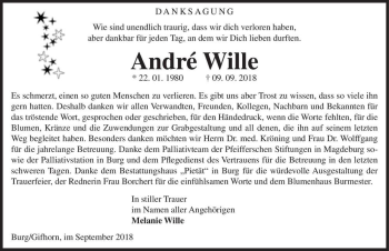 Traueranzeige von André Wille  von Magdeburger Volksstimme