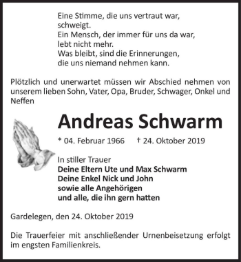Traueranzeige von Andtreas Schwarm  von Magdeburger Volksstimme