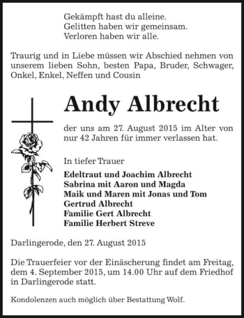 Traueranzeige von Andy Albrecht  von Magdeburger Volksstimme