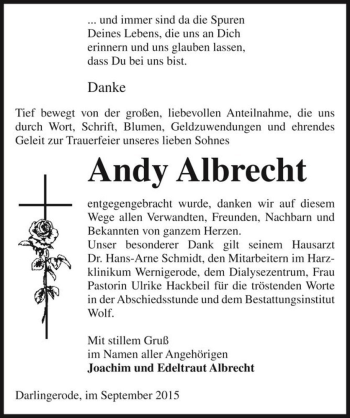 Traueranzeige von Andy Albrecht  von Magdeburger Volksstimme