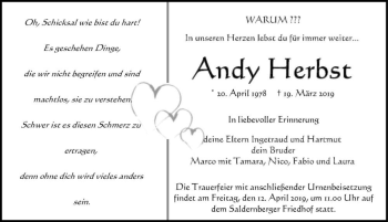 Traueranzeige von Andy Herbst  von Magdeburger Volksstimme