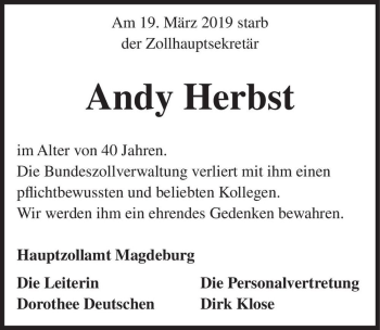Traueranzeige von Andy Herbst  von Magdeburger Volksstimme
