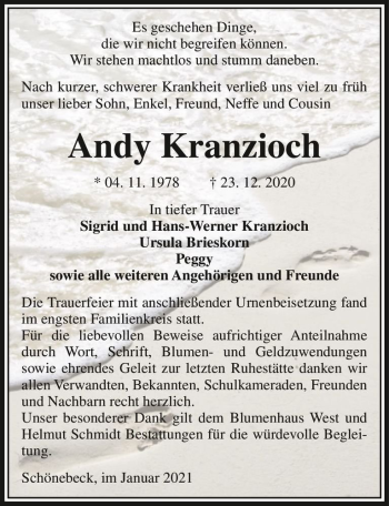 Traueranzeige von Andy Kranzioch  von Magdeburger Volksstimme