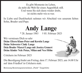 Traueranzeige von Andy Lange  von Magdeburger Volksstimme