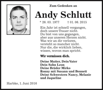 Traueranzeige von Andy Schlutt  von Magdeburger Volksstimme