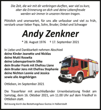 Traueranzeige von Andy Zenkner  von Magdeburger Volksstimme