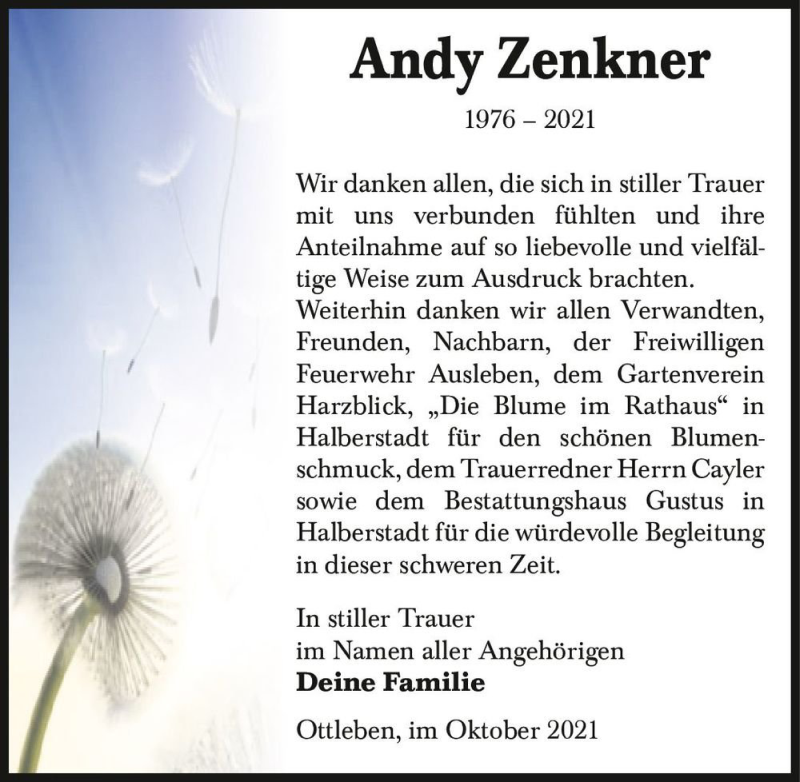  Traueranzeige für Andy Zenkner  vom 23.10.2021 aus Magdeburger Volksstimme