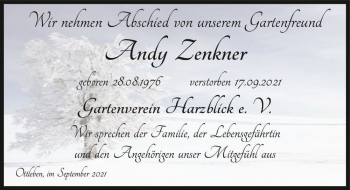 Traueranzeige von Andy Zenkner  von Magdeburger Volksstimme