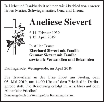 Traueranzeige von Aneliese Sievert  von Magdeburger Volksstimme