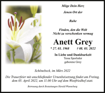 Traueranzeige von Anett Grey  von Magdeburger Volksstimme