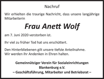 Traueranzeige von Anett Wolf  von Magdeburger Volksstimme