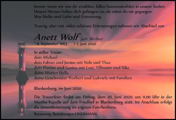 Traueranzeige von Anett Wolf (geb. Richter)  von Magdeburger Volksstimme