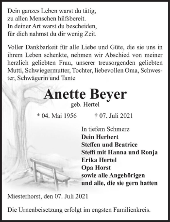 Traueranzeige von Anette Beyer (geb. Hertel)  von Magdeburger Volksstimme