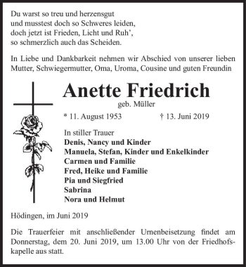 Traueranzeige von Anette Friedrich (geb. Müller)  von Magdeburger Volksstimme