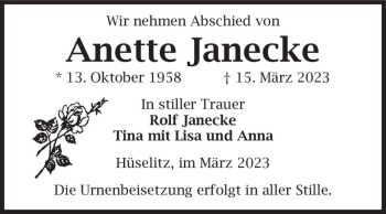 Traueranzeige von Anette Janecke  von Magdeburger Volksstimme