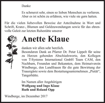 Traueranzeige von Anette Klaue  von Magdeburger Volksstimme