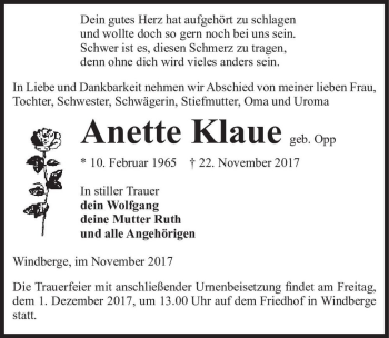 Traueranzeige von Anette Klaue (geb. Opp)  von Magdeburger Volksstimme