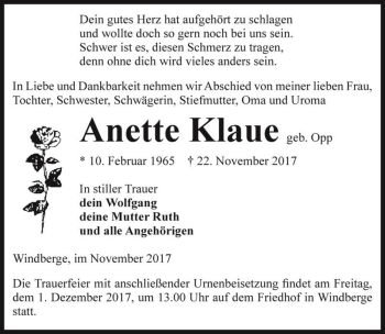 Traueranzeige von Anette Klaue (geb. Opp)  von Magdeburger Volksstimme