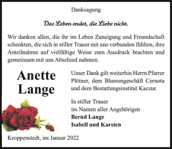 Traueranzeige von Anette Lange  von Magdeburger Volksstimme