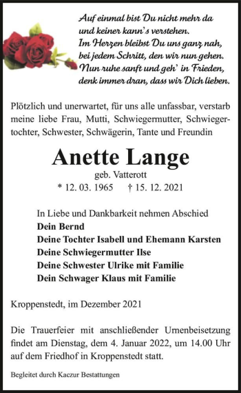 Traueranzeige von Anette Lange (geb. Vatterott)  von Magdeburger Volksstimme