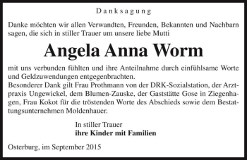 Traueranzeige von Angela Anna Worm  von Magdeburger Volksstimme